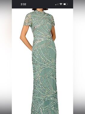 Mac Duggal Sage Beaded Short-Sleeve Maxi Gown